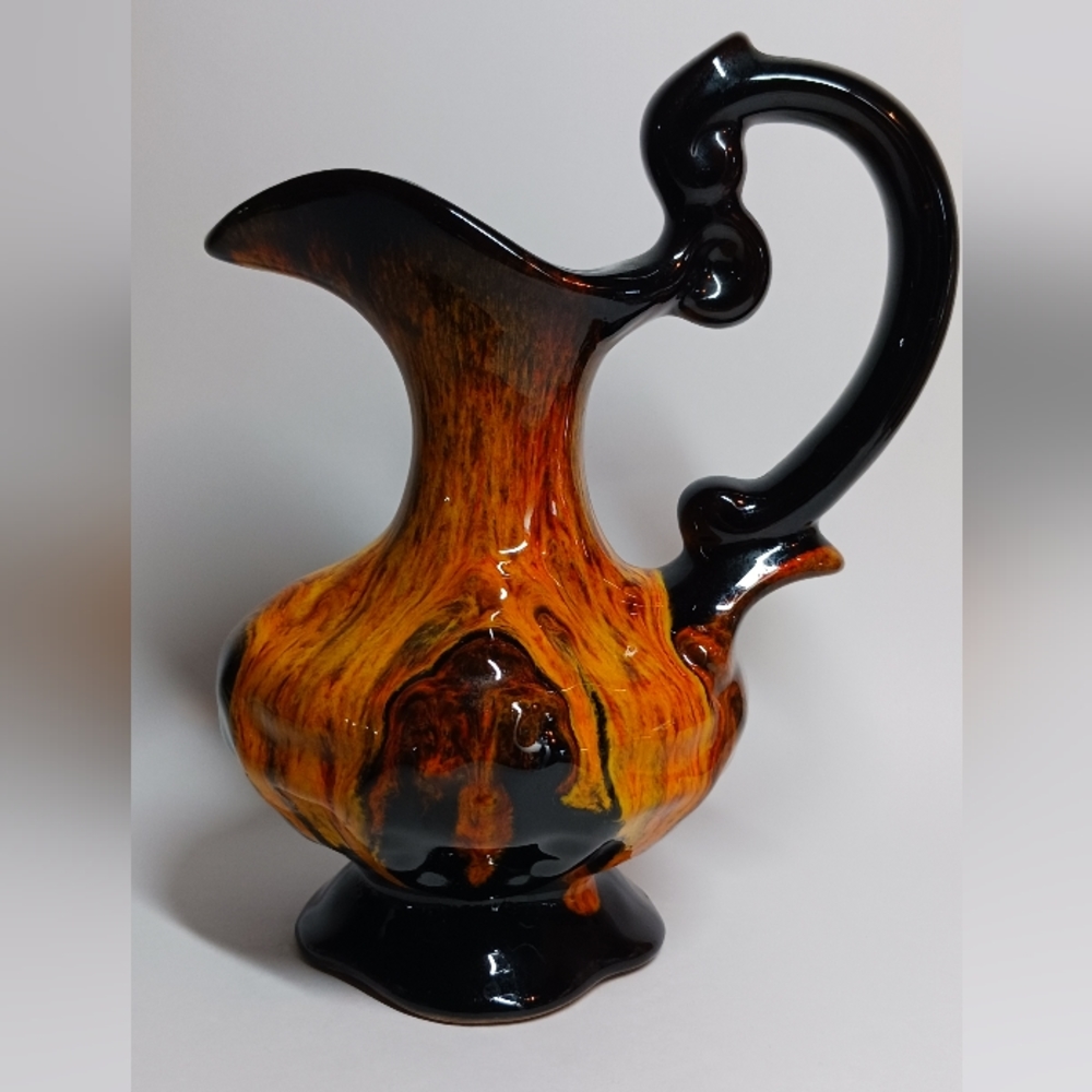 Pottery Evangeline Ware Drip Glaze Orange Dark Brown/Black Jug Vintage Pitcher